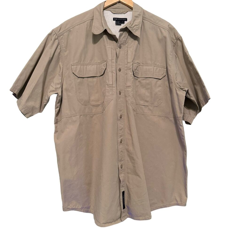 5.11 Tactical Cotton Canvas Short Sleeve Cargo Button Front Shirt Size XL Tan